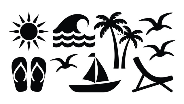 Collection of black silhouette beach vacation icons including sun waves palm trees seagulls sailboat flipflops and lounge chair