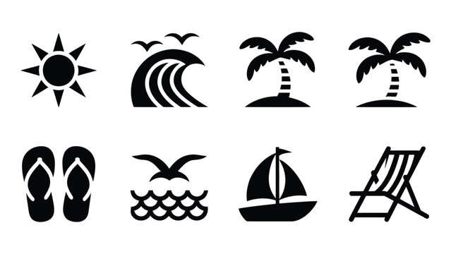 Collection of summer vacation and beach icons including sun wave palm trees flipflops seagull sailboat and deck chair