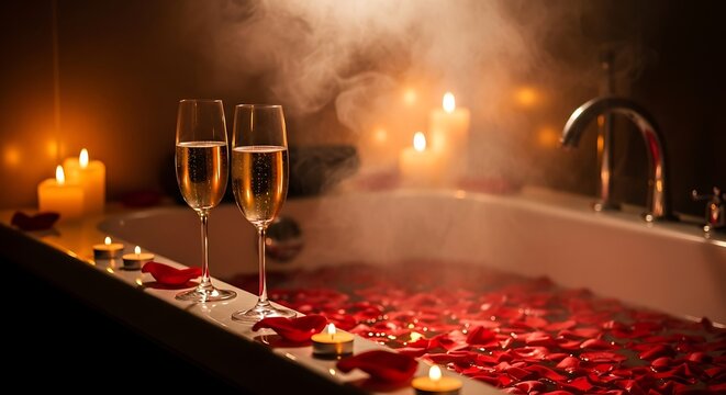 Romantic bathroom scene with champagne glasses, rose petals, candles, and steam