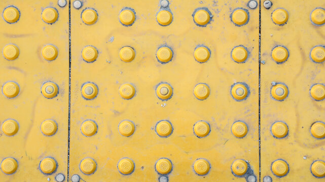 Yellow tactile paving with raised truncated domes on a weathered sidewalk, serving as a textured warning and guidance surface for visually impaired pedestrians at street crossings