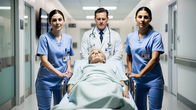 female nurses and male doctor escorting elderly patient on gurney