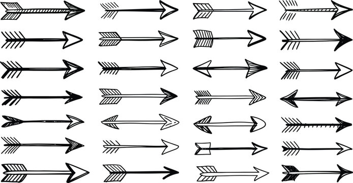 Collection of diverse handdrawn arrow icons with various feather and arrowhead styles isolated on a white background