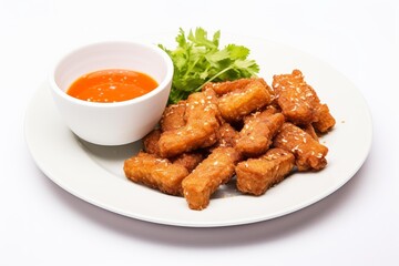 Fototapeta premium Crispy fried tofu nuggets with sesame seeds and fresh cilantro on a white plate