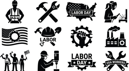 Fototapeta premium Black and white Labor Day icons set with tools and workers American celebration symbols