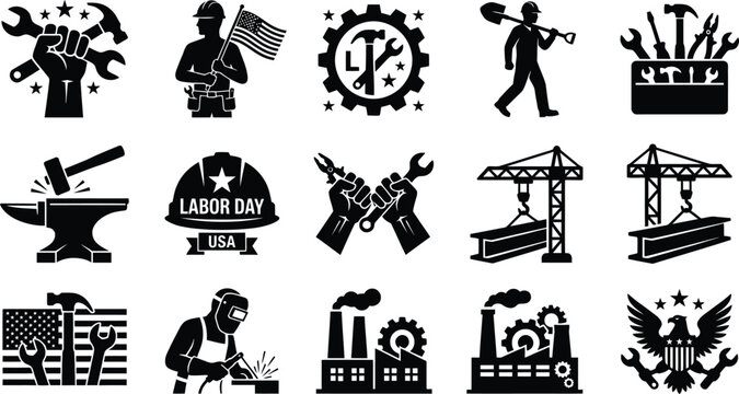 Black and white Labor Day USA icons set with various labor and industry related symbols and tools