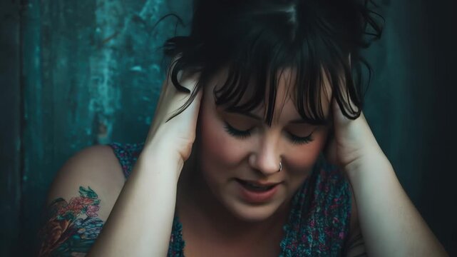 Woman experiences sadness due to struggles with weight loss in a dimly lit space during the evening hours