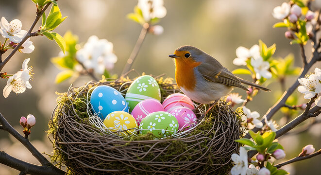 A vibrant european robin perches upon a nest filled with brightly colored easter eggs surrounded by blossoming branches high quality professional detailed modern elegant stylish clean