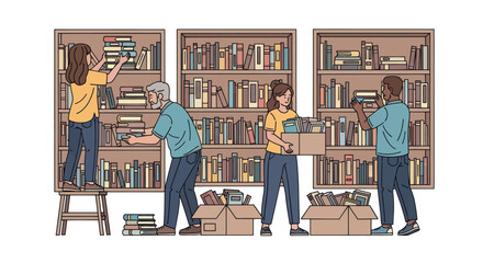 Diverse people organizing bookshelves in a library or bookstore, sorting books into boxes. © Andi