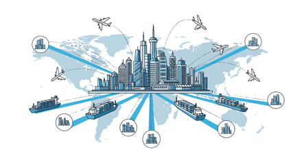 Global Logistics Network: City Skyline, Ships, Airplanes, World Map, Shipping Routes