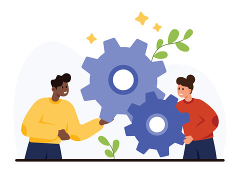 Business project development, optimization. Tiny people of maintenance support service holding gears to optimize efficiency of operation and product, implement and install cartoon vector illustration