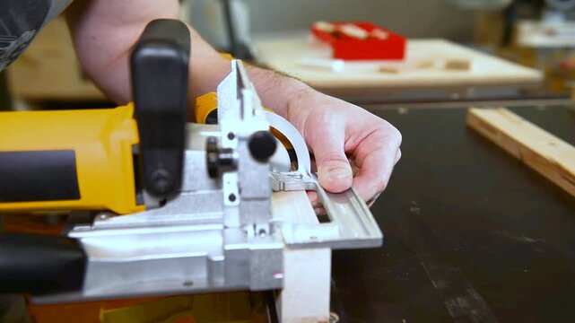 Wood lamella router in action cutting into a wooden surface. The spinning bit carves a precise groove as the attachment cutting into the material.