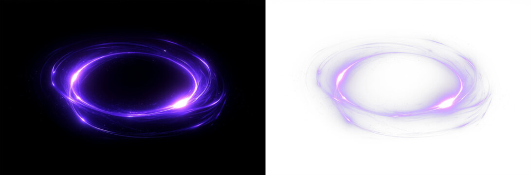 two glowing purple energy rings light effect with particles on black background