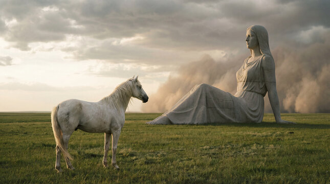 A horse observes the stone effigy of a woman in the middle of the grassy steppe and the freedom of the open countryside and nature.