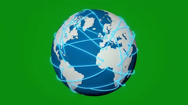 3D isometric animated globe with glowing network lines on green screen