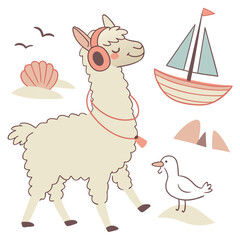 Fototapeta premium A Happy Alpaca with wearing headphones in a Beach day theme – Ocean Breeze palette SVG illustration