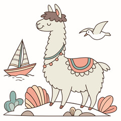 Fototapeta premium Cute SVG of a Dreamy Alpaca in Ocean Breeze colors, featuring with a tiny crown in a Beach day setting