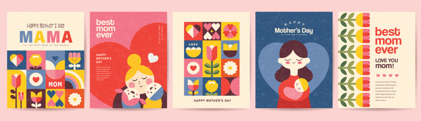 Set of Mother's Day greeting cards and posters with flowers, hearts, mother and child, gift, typography and retro geometric shapes in colorful flat illustration style. © LittleWhale