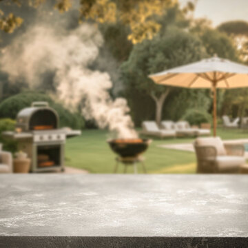 Empty wooden table outdoors with blurred garden background &ndash; summer vacation and relaxation product mockup. Natural landscape and peaceful and relaxing atmosphere. Vacation time.