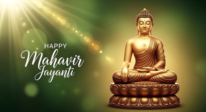 A serene statue of buddha sitting in meditation on a lotus flower, bathed in warm golden sunlight with bokeh effects, celebrating mahavir jayanti