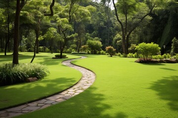 Fototapeta premium Stone path curving through a well maintained garden with lush green grass and trees