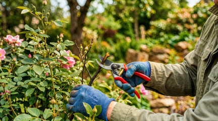 Obraz premium Gardener hands in blue gloves using red pruning shears to cut a branch. Close up of trimming a rose bush in a sunny summer garden