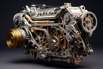 Automotive engine showing intricate metal parts, gears, and inner workings on a dark background