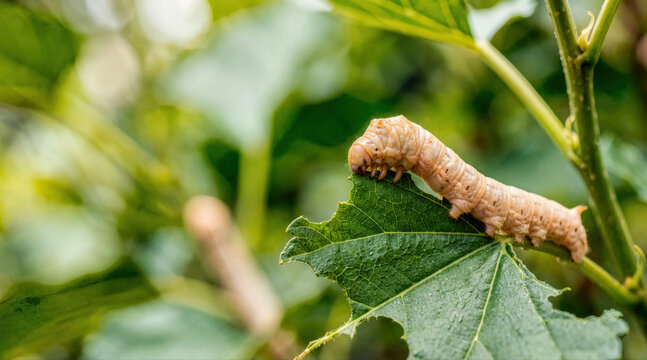 Macro close up of silkworm caterpillar eating green mulberry leaf. Detail of larva feeding in natural environment for silk production