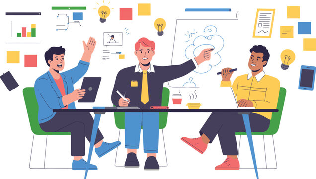 Three colleagues actively participate in a dynamic meeting pointing at.