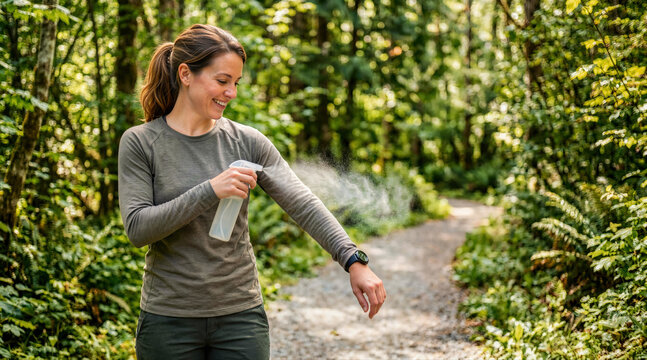 Smiling woman spraying insect repellent on clothes while hiking in forest. Female hiker applying bug spray mist on shirt sleeve for protection on woodland trail
