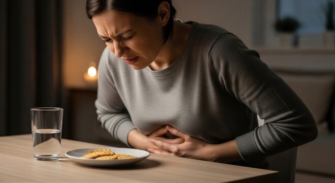 Woman suffering from food poisoning at table. Girl feeling stomach ache after eating unhealthy food. Bacterial infection caused by escherichia coli. Medical concept of gastritis pain.
