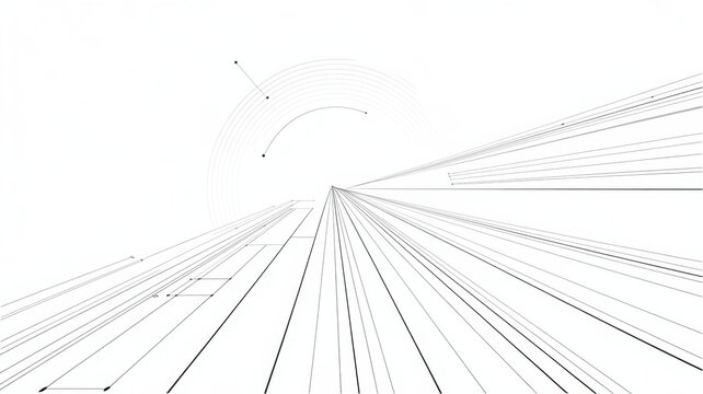abstract geometric lines and shapes forming a futuristic or technological illustration with converging lines and arcs on a white background