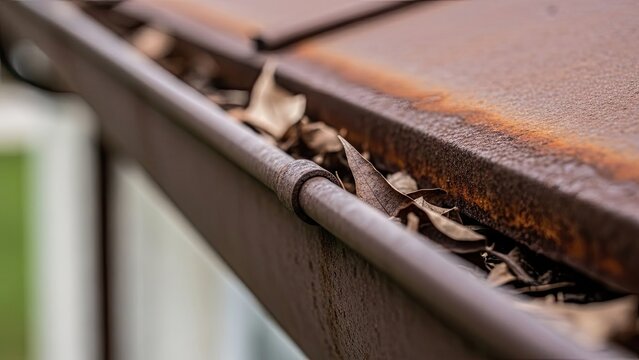 Close-up of rusty rain gutter overflowing with dry leaves on a weathered roof