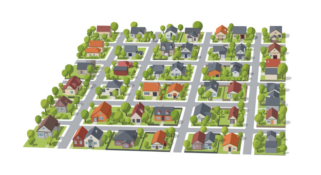 Aerial view of a suburban neighborhood with houses, streets, and trees, isometric illustration