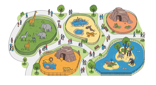 Cartoon Zoo Aerial View with Diverse Animals and Visitors Exploring Habitats