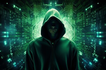 Dark hooded figure stands amid glowing green digital data streams and circuitry