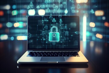 Laptop screen showing a glowing digital lock and network symbols, representing cybersecurity and privacy