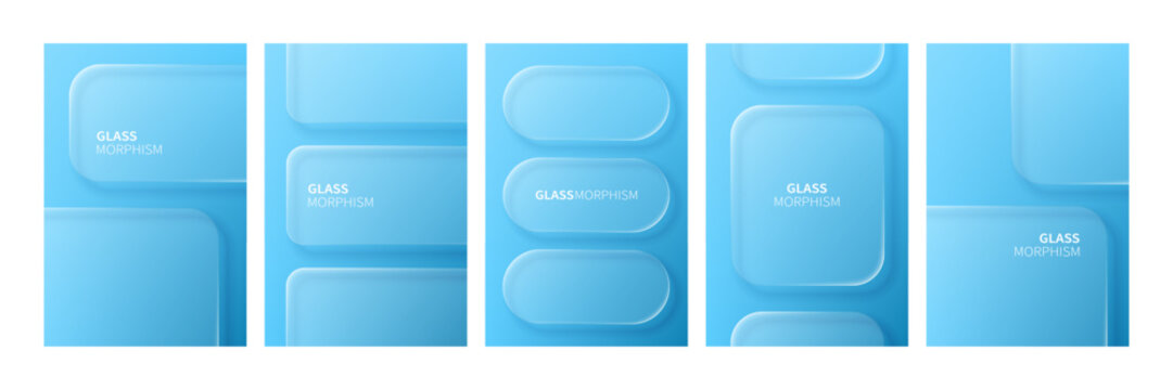 Blue liquid glass morphism abstract vector collection. Set of translucent rectangle shapes with soft shadow and blur effect for modern interface design. Minimalist UI background UI art.