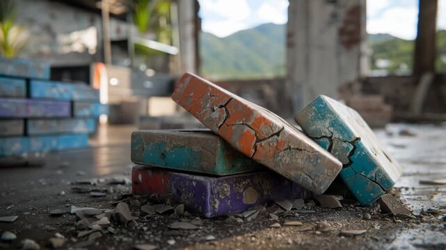A stack of colorful cracked bricks loses its balance and begins to collapse on the dirty floor of an abandoned building with mountains in the background