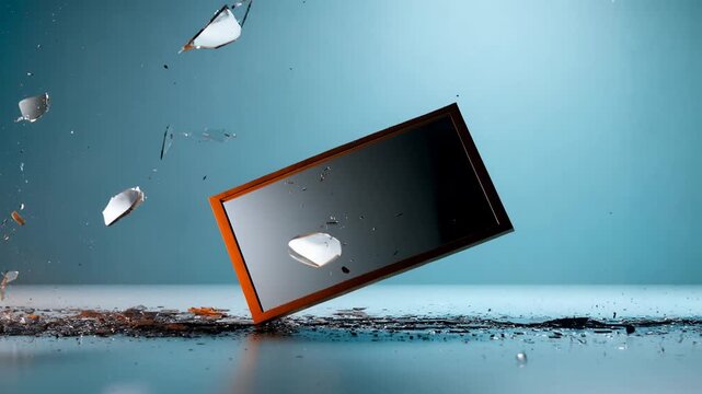 A mirror in a wooden frame falls onto a smooth surface and shatters into hundreds of small sharp fragments in dynamic motion against a blue background