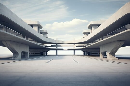 Concrete building with multiple curved levels creating complex futuristic architectural structure
