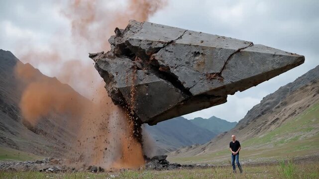A massive stone monolith levitates in a mountain valley, kicking up thick clouds of dust and debris while a man in a black t-shirt watches from a distance