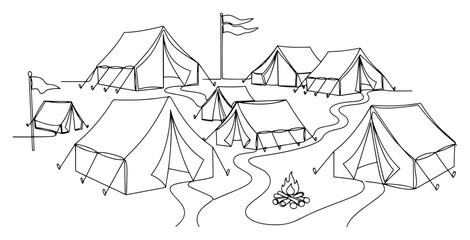 One line drawing of a military tent camp base with flags and a campfire in the middle © Alicja