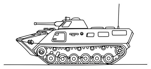 Minimalist continuous one line drawing of a military armored personnel carrier vehicle with a turret © Alicja