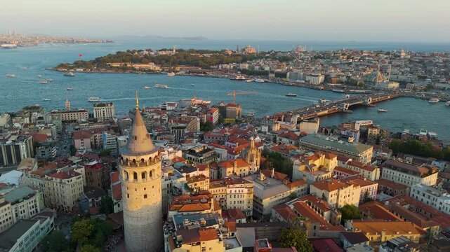 Cinematic aerial shot of Galata Tower at sunset in Istanbul, Turkey