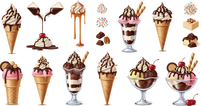 Ice Cream Sundae and Dessert Glass Collection Vector Set Featuring Layered Parfaits Chocolate Syrup Toppings Waffle Cones and Gourmet Sweet Treat IllustrationsIce 