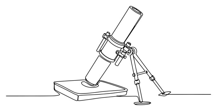 Military mortar artillery weapon on a stand in a simple continuous line drawing style