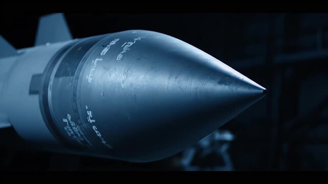 Close-up of Iranian Fateh missile nose cone, sharp metallic tip, dark background