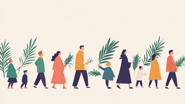 Illustration of Palm Sunday procession: priest and parishioners with willow branches. Soft harmonious colors and clean background create a calm