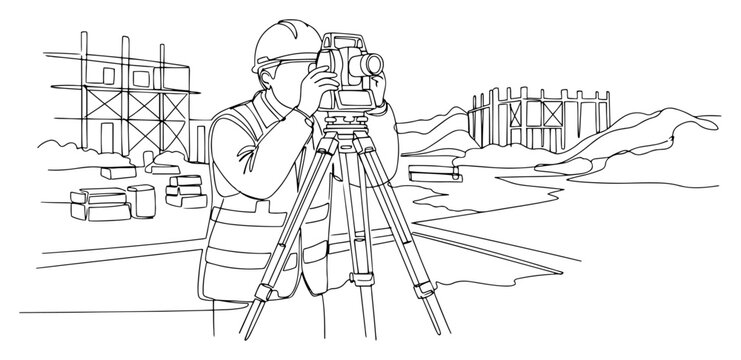 Continuous one line drawing of a civil engineer operating a professional surveying total station in the field