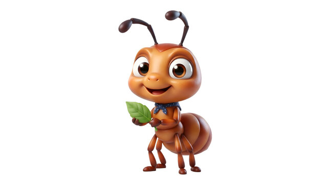 A cheerful cartoon ant character holding a green leaf with a blue scarf around its neck and big expressive eyes
